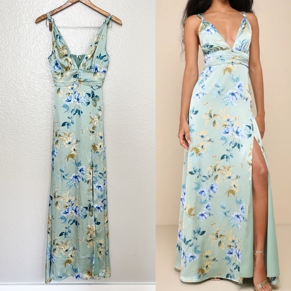 Convincing Elegance Sage Green Floral Satin A-Line Maxi Dress